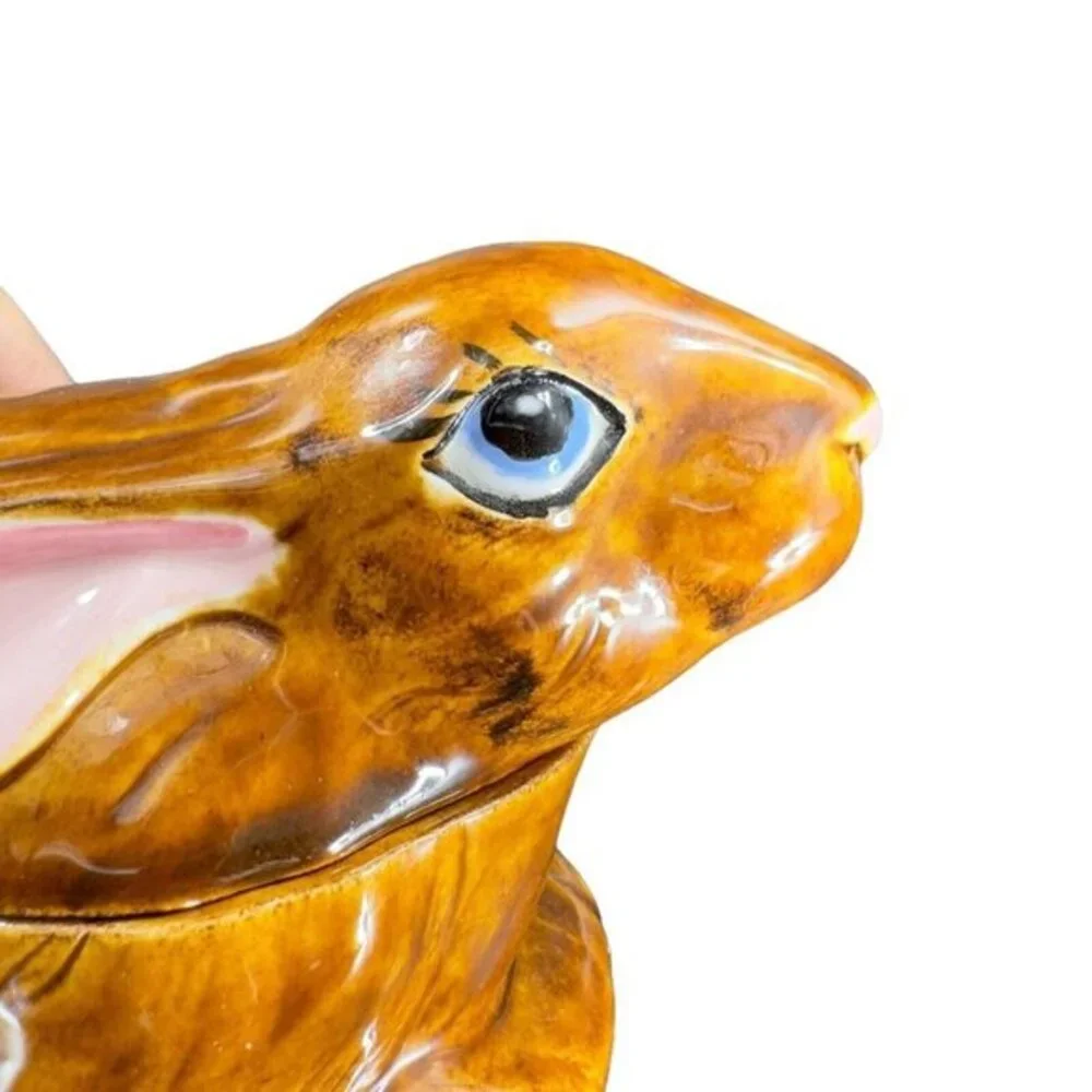 Hand Painted Ceramic Bunny Rabbit‎ Covered Dish W Lid Signed 1980s Vintage Decor